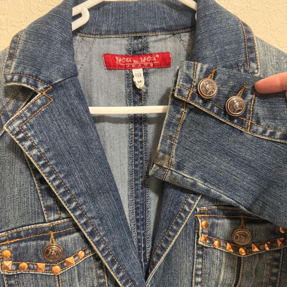 YOU & YOU JEANS Women's Cropped Denim Jacket Studded‎ Embellished Size M